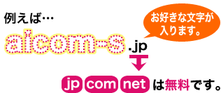 例えば・・・「aicom-s.jp」の「aicom-s」の部分にお好きな文字が入ります。また、後ろの「jp」は「com」、「net」に無料で変更が可能です。